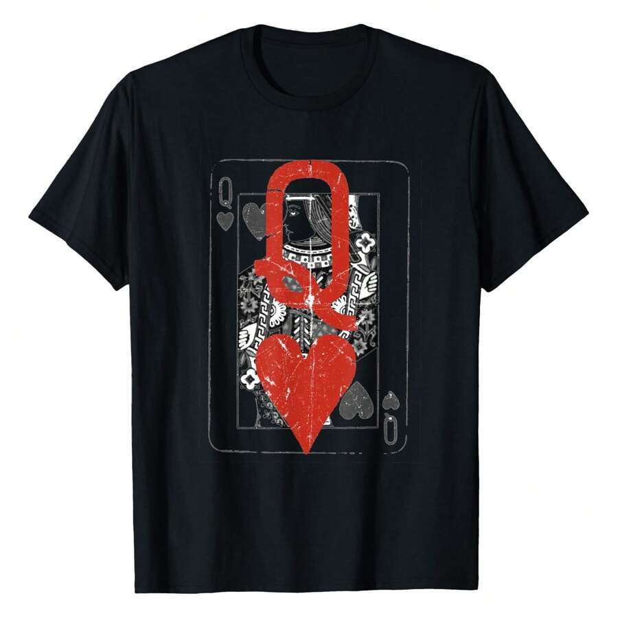 Retro Vintage Distressed Queen Of Hearts Graphic Tee T-Shirt Graphic Tees Short Sleeve Casual Women Men T Shirts 100% Cotton Tee Shirt Womens Summer Tops Funny Print Women's T-Shirts Soft Comfy Everyday Wear Daily Gift Woman Tshirt Black - Black - View 1