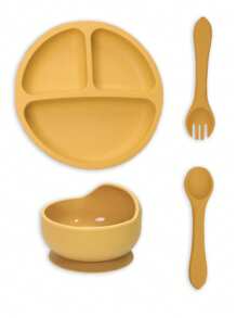 4-Piece Baby Silicone Plate With Suction Cup Food Silicone Suction Cup Bowl, Fork And Spoon Set Suitable For Daily Use