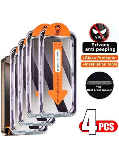 4 Pcs Privacy Tempered Glass Screen Protector Compatible With IPhone, Anti-Peeping, Auto Dust-Elimination, Bubble Free, HD Clear, Easy One-Click Installation Gift For Birthday, Family, Friends Anti-Spy, Phone Screen Protector, Phone Accessories Waterproof Shockproof Anti-Fall Anti-Fall Scratch Resistant Anti-Fingerprint Full Cover