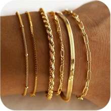 14k Gold Plated Layered Chain Bracelet Set For Women, Waterproof, Fashionable, Delicate, Stacking Paperclip Chain Bangle Bracelets, Graduation Gift, Seal Charm - Gold - View 11