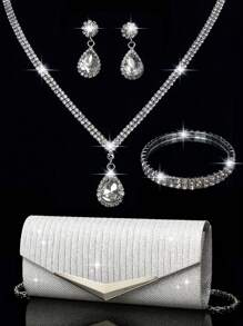 Women's Rhinestone Jewelry Rhinestone Jewelry Set Sparkling Necklace Earrings Bracelet Set V-Shaped Metal Hardware Flip Fold Glitter Envelope Bag Banquet Bag Sparkling Handbag Sparkling Wallet Handbag Elegant Handbag Banquet Bag Handbag Women's Ball Handbag Women's Bridal Banquet Bag Ball Handbag Metal Chain Handbag Wedding Party Handbag Cocktail Party Wedding New Wallet Banquet Bag