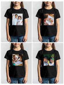 Customized Personalized Printing, Custom Photo Printing, Girls Kids T-Shirt Customization, Customize Your Selfie/Family/Friends/Pet Photos, Birthday/Anniversary/Holiday Pattern Customization, Team Uniforms/Outdoor Wear/Class Uniforms/Sports Jerseys Customization, Personalized Girls Kids Black Short Sleeve Round Neck T-Shirt Customization, Holiday Gifts, Gifts For Best Friends, Custom Birthday Gifts