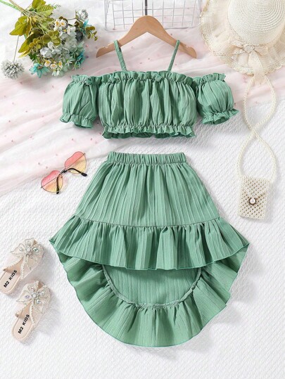 Conjunto de 2 peças de blusa com babados e babados para meninas de férias + saia de cintura alta com babados, lindo, confortável e divertido, adequado para meninas de 4 a 7 anos, férias, viagens e festas na praia, primavera/verão