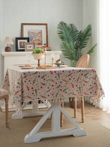 Bubaba 1pc Multi-Color Cartoon Flower Rectangular Tablecloth, Rustic Farmhouse Style Linen Print With Beige Tassel Decor, Suitable For Dining Room Round Table, Kitchen, Party, Holiday Celebration, Hotel, Cafe, Bedroom, All Seasons