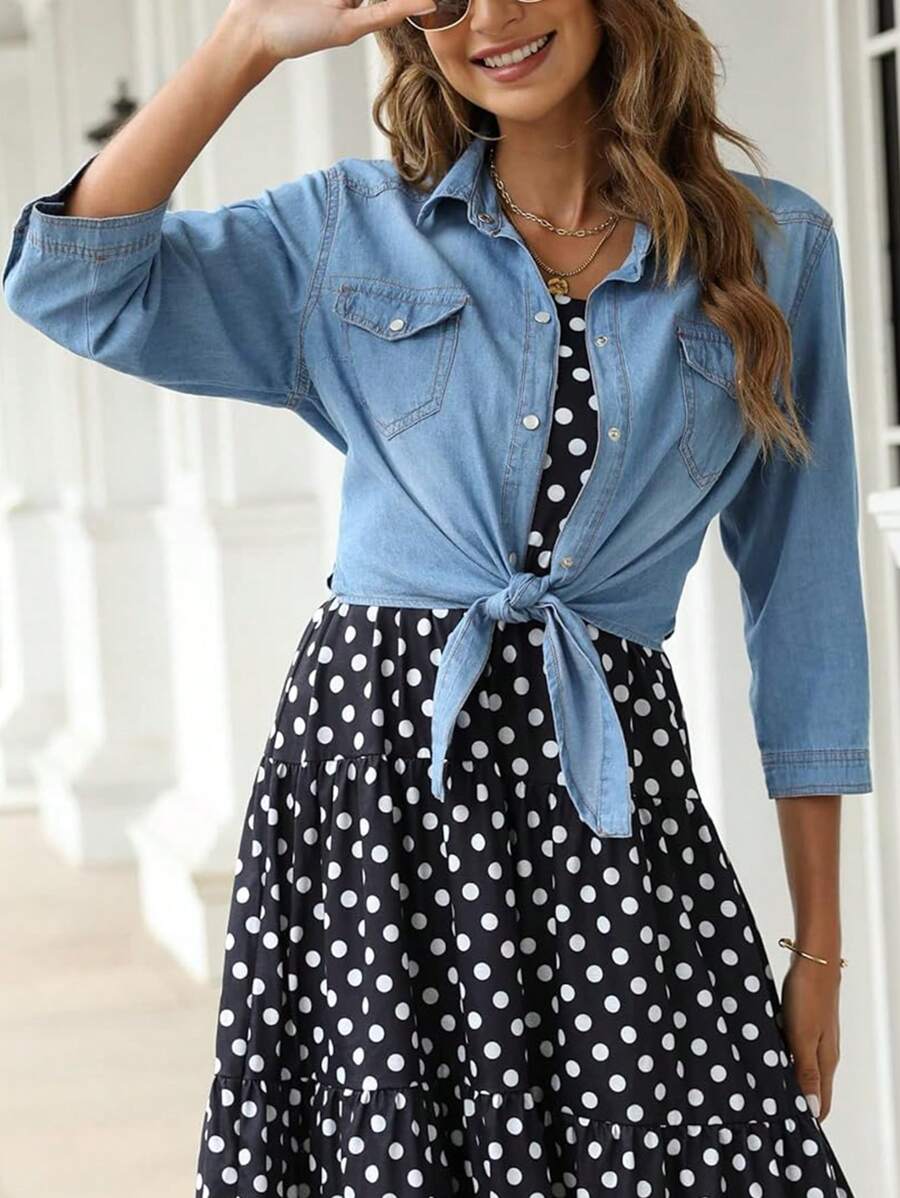 Women's Roll Up 3/4 Sleeve Shirt With Front Knot Chambray Denim Crop Top - 淺藍色 - 查看 1