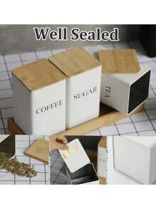 3/1 件装锻铁罐，带竹盖，密封厨房储物容器，用于咖啡、糖、茶 - 方形马口铁密封罐，用于整理和食品储藏室展示、厨房储物、食品储藏、房间装饰，适用于厨房、餐厅、派对、露营、聚会、送给朋友、家人的礼物、返校用品 - 黑色 - 查看 6