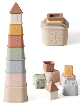 Baby Silicone Stacking Cups Set Of 8, Early Educational Baby Stackable Blocks, Silicone Toddler Stackable Toy