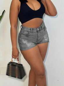 Women's Simple & Slimming Ripped Denim Shorts - Light Grey - View 3