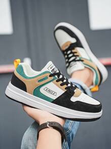 Men's Fashionable Colorblock Letter Lace-Up Low-Top Thick Sole Sneakers, & Personalized For Youth Outdoor Lightweight Comfortable Casual Skate Shoes