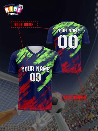 2 Pcs/Set V-Neck Children's Football/Soccer Jersey, Customizable Name And Number, Comfortable Breathable Fitted Sports Casual Outdoor Running Party Wear,Multi-Functional,Ornamental,Letter,Stylish,Modern,Colorful,Cute,Adorable,Casual,Custom,Personalised,Unique,Customized,Ideal Gifts For Him,Ideal Gifts For Her,Son,Daughter