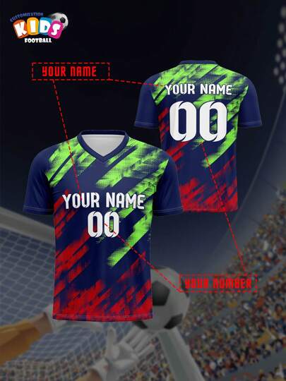 Set de 2 camisetas de fútbol/fútbol para niños con cuello en V, personalizables con nombre y número, cómodas, transpirables y ajustadas, para usar en deportes, actividades al aire libre, fiestas, multifuncionales, decorativas, con letras, con estilo, modernas, coloridas, adorables, casuales, personalizadas, únicas, regalos ideales para él, regalos ideales para ella, hijo, hija