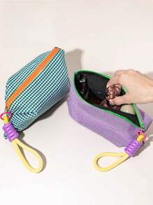 Bolsa de maquillaje a cuadros de color macaron, estuche para el período, organizador de lápices, bolsa de maquillaje con cierre para mujer, artículos escolares de vuelta al colegio - Multicolor - Ver 5
