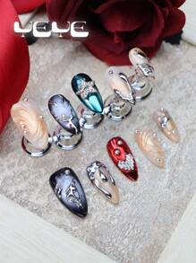 Upgrade Your Look Cost-Saving Maintaining Beautiful Nails All Times With 10pcs Almond Shape Hand-Made Gradient Mermaid Yellow Metal Blue-Green Punk European Style Full Coverage Fake Nails Set Elegant Shiny Metal Silver Rhinestone Decor Star Heart Silver Chrome Metal Red Y2K Novelty Full Cover Acrylic Korea Style Press-On Nails Set For Women And Girls Vanity With 1pc Mini Nail File & 1 Sheet Adhesive Tabs - Multicolor - View 3