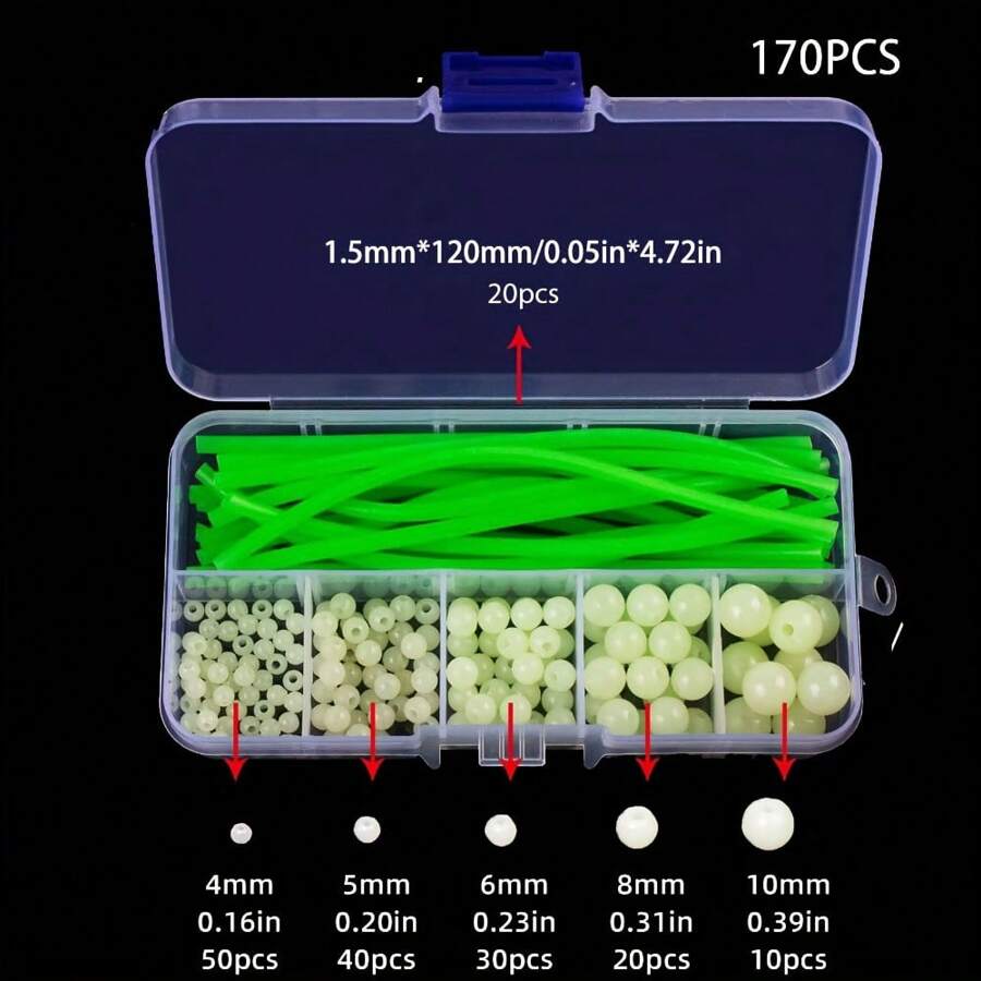 170pcs/Box Glow-In-The-Dark Fishing Beads With Silicone Anti-Tangle Glow Tube, Suitable For Night Fishing