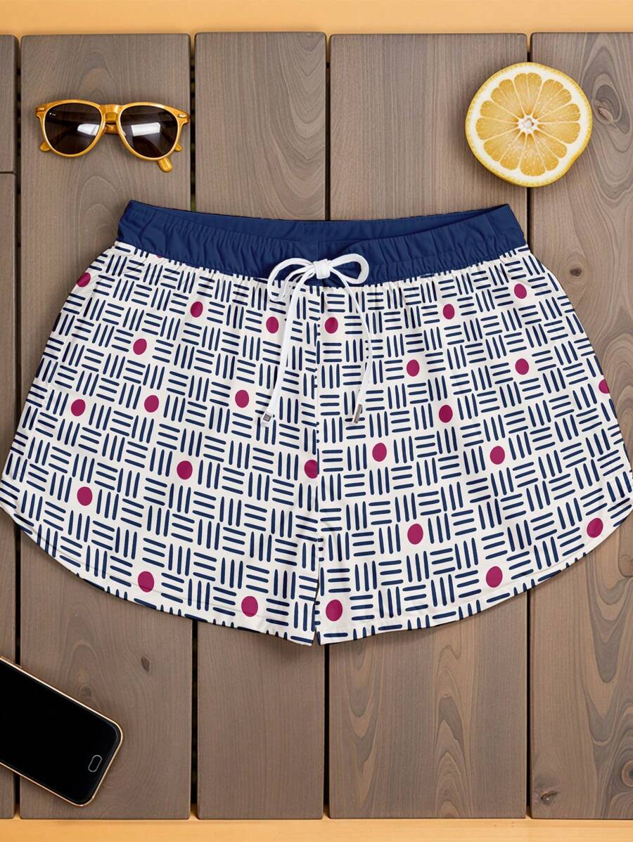 Women's White Blue Geometric Print Beach Shorts For Summer Carnival Ref 8083 - Multicolor - Ver 1