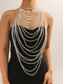 1 pezzo Elegante e raffinata Catena per il corpo tessuta a mano con perle bianche finte, perfetta per feste, sfilate di moda e regali