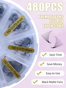 SACKVIS 480 Fans Krümmung D 15D Schwarz Vorgefertigte Fächerwimpern 0,07 mm Mix 8-15 mm Handgefertigte Lose Fächer Wimpernverlängerungen, Wimpernbüschel, Einzelwimpern, Wimpern, Künstliche Wimpern