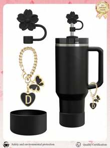 3pcs Accessories Designed For 30-40oz Cups, Pink Letter Cup Marker & Silicone Hibiscus Flower Straw Caps, , Reusable Straw Caps For 10mm Large Diameter Straws, Cute LetterStanley AccessorySelf-Adhesive Chenille Letter,Cup Accessories.Compatible With Stanley Backto School /Beach Essentials