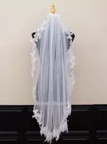 1pc Long Lace Edge Bridal Veil With Faux Pearl Decor, Wedding Hair Accessory - Multicolor - View 8