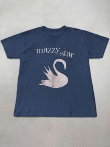 LOVE JOYY Mazzy Star 女士休闲圆领 T 恤，可爱天鹅卡通印花图案，乐队短袖 T 恤，送给她的礼物，复古 90 年代乐队 T 恤，适合所有季节 - 藏蓝色 - 查看 5