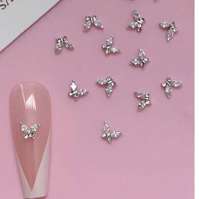 10 件装 3D 锌合金迷你蝴蝶白色美甲人造钻石适用于打造美甲 DIY 精美美甲产品指甲饰品美甲用品美甲宝石