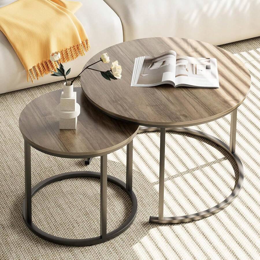 Aboxoo Coffee Table Nesting Side Round Table Set Of 2 End Table With Sturdy Metal Frame For Living Room Bedroom Apartment Modern Industrial Simple Nightstand,Oak - Gỗ sồi - Xem 1