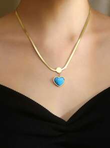 MONALLY Glamorous Charm 18K Gold Plated Stainless Steel Jewelry 1pc Luxury Turquoise Heart Pendant Blade Chain Women's Necklace Best Friend Gifts For Party Western Style - Yellow Gold - View 2