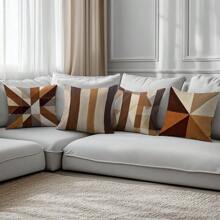 4pcs Coffee Geometric Painting Design Decorative Throw Pillow Covers, Skin-Friendly Peach Velvet Fabric, One-Sided Printed 45*45CM, Suitable For Home, Bedroom, Living Room, Sofa, Gift