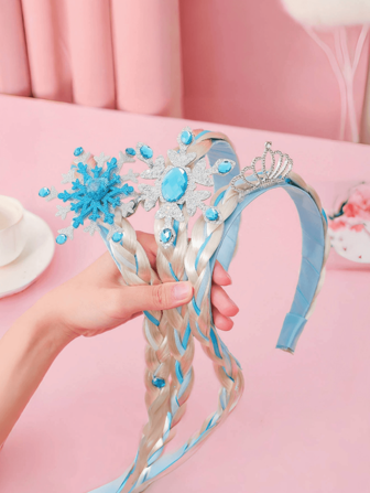 1pc Ice Princess Wig Headband Crown Children Hair Accessories For Baby Girls With Long Braid, Crystal Decor