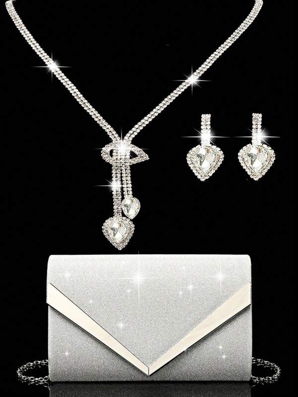 Women's Rhinestone Jewelry Rhinestone Jewelry Set Sparkling Necklace Earrings Bracelet Set V-Shaped Metal Hardware Flip Cover Envelope Bag Handbag Versatile Glitter Handbag Sparkling Wallet Handbag Elegant Handbag Banquet Bag Handbag Women's Ball Handbag Women's Bridal Banquet Bag Ball Handbag Metal Chain Handbag Wedding Party Handbag Cocktail Party Wedding New Wallet Banquet Bag