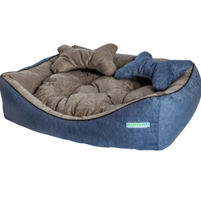 KARPPOVET Cama caminha pet cachorro gato luxo em tecido premiun, cor AZUL COM CINZA, com travesseiro exclusivo