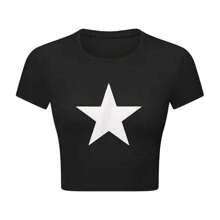 Women's Black Crop Top T-Shirt With White Star Print - Casual Short Sleeve Shirt - Black - View 1