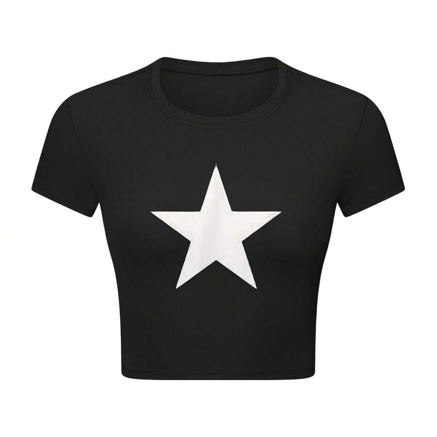 Women's Black Crop Top T-Shirt With White Star Print - Casual Short Sleeve Shirt - Black - View 1