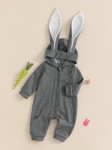 Easter Baby Zipper Romper Casual Solid Color Bunny Ears Hooded Long Sleeve Jumpsuit For Newborn Toddler