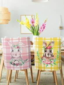 6Pcs Easter Chair Cover Watercolor Bunny Flower Eggs Easter Chair Back Covers Rabbit Spring Decorative Case Buffalo Plaid Farmhouse Decorations For Kitchen Wedding Party Decor
