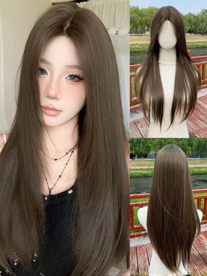 1顶合成耐热假发，中分层次发尾，适合日常、派对或假日佩戴，蓬松自然（不含配饰）