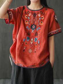 Women's Embroidered Blouse Cotton Linen Short Sleeve Peasant Boho Mexican Tunic Top Casual T Shirt - 紅色 - 查看 3