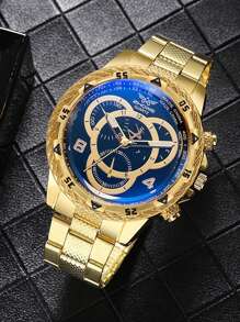 1 件/套时尚简约三眼混合刻度石英钢带手表，适合日常搭配、生日礼物、万圣节礼物、年终促销、光棍节 - 金色 - 查看 2