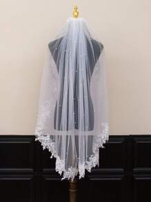 1pc Long Lace Edge Bridal Veil With Faux Pearl Decor, Wedding Hair Accessory - Multicolor - View 3