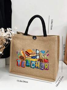 Bolso de mano de lino con estampado de patrones temáticos de maestros, bolso grande con bolso pequeño, con diseños de colores contrastantes que presentan patrones de útiles escolares, libros y artículos de papelería