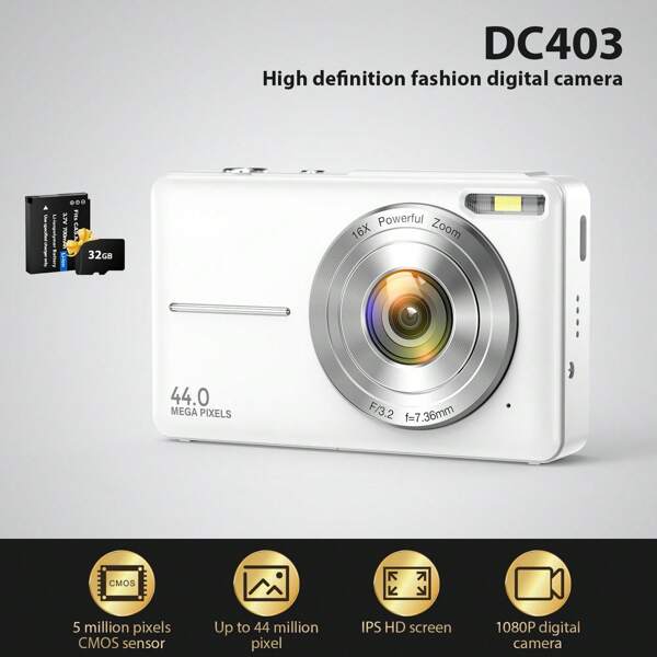 STUOGYUM Cámara digital de alta definición de 44MP DC403: grabación de video 1080P, zoom digital 16x, pantalla LCD de 2.4 pulgadas, tecnología de sensor CMOS y enfoque automático híbrido, equipada con modo macro y automático, calidad de imagen JPEG de alta calidad