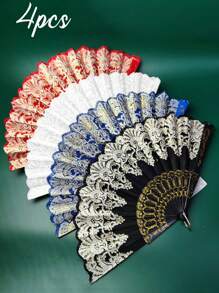 4件/3件/1件 华丽复古风春夏烫金白色手扇，烫金银花舞时尚折扇道具扇，摄影扇，漫画展手扇，角色扮演道具 - 白色 - 查看 8