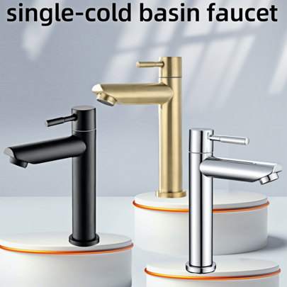 1 pieza Grifo de agua fría de acero inoxidable de una sola manija para lavabo de baño, grifo de baño de color negro, grifo de baño de un solo orificio, grifo de baño de una sola manija, grifo de agua fría, para baño, inodoro, lavabo de hotel, grifo de lavamanos de baño de agua fría, rosca de entrada de agua G1/2 (cromado, negro, dorado cepillado, a elegir)