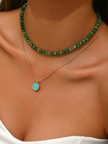 1pc Minimalist Versatile Green Beaded Chain Necklace, Suitable For Daily Wear - Green - View 2