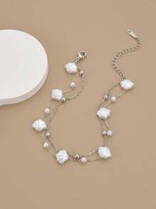 1pc Stainless Steel Pearl & Scallop Shell Beach Anklet For Women (Handmade Chain, Slight Variation In Shell & Bead Quantity, Actual Length Prevails)