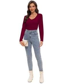LKESRC Women's Long Sleeve Shirt Soft V-Neck Top Fitted Tight Solid Color Basic T-Shirt - Đỏ tía - Xem 5