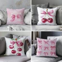 4pcs 17.7*17.7in(45*45cm) Pink Cherry Blossom Bow Print Pillow Cover [Single-Sided Printing] Home Decor Headboard Cushion Sofa Pillow Sham Peach Velvet Windowsill Cushion Cover [Pillow Insert Not Included], Suitable For Daily Use, Home High-End Minimalist Self-Use Decoration, Living Room Sofa Bedroom Bedhead Decoration, Small Car Pillow Cover Pillowcase