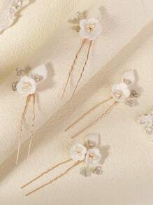 4 件装新款陶瓷花白色碎花发叉发插新娘头饰欧式简约珍珠点缀配饰 - 金色 - 查看 6