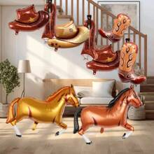 8pcs Western Theme Aluminum Foil Balloons Set, Horse & Cowboy Hat & Boot Shaped Aluminum Foil Balloons, Suitable For Western Cowboy Theme, Birthday Party Decoration, Horse Racing Events, Outdoor Dining Decor
