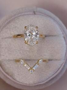 2pcs/Set Elegant S925 Sterling Silver Oval Cubic Zirconia V-Shape Wedding Band Ring Set For Women, Suitable For Engagement, Wedding, Daily Wear, Anniversary, Holiday Gift - Gold - View 1